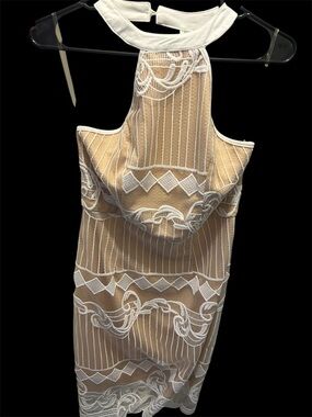 Chic Beige Halter Backless Dress with White Lace Overlay